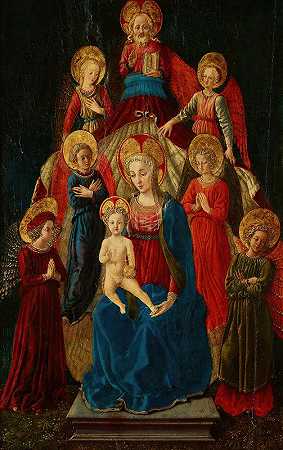 普拉托维奇奥大师将圣母和孩子与上帝、父亲和六位天使一同驾驭