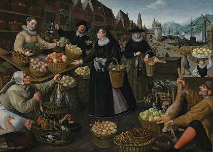 《秋天的寓言》卢卡斯·范·瓦尔肯博奇（Lucas van Valckenborch）在法兰克福Weinmarkt上方的水果和蔬菜摊位