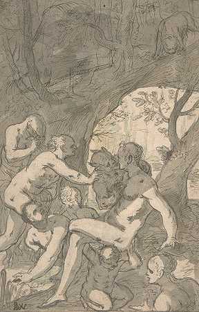 巴尔塔萨尔·卡岑伯格的《女人在森林里洗澡，被萨蒂尔惊呆了》