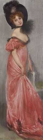 Pierre Carrier Belleuse的《一个穿着粉红色连衣裙的年轻女人》