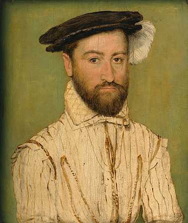 科内尔·德·里昂（Corneille de Lyon）的《一个留着胡子的绅士的肖像，戴着白色羽毛的黑色贝雷帽》