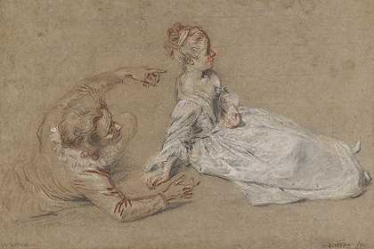 让-安托万·瓦托的《一个男人躺着，一个女人坐在地上》