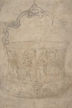 吉罗拉莫·根加（Girolamo Genga）的“桶形容器设计，带柄，身体上装饰着舞蹈和音乐的仿古人物”