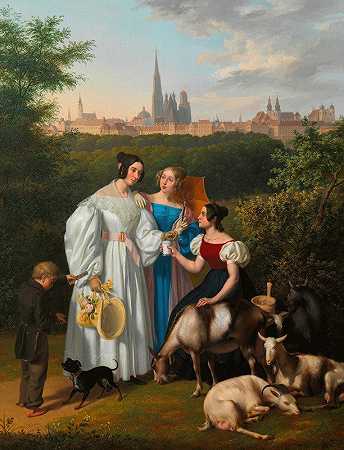 约瑟夫·齐格勒（Josef Ziegler）背景中的沃克（walker）、牧羊人和彩票销售商在格拉西斯（glacis）的流派场景