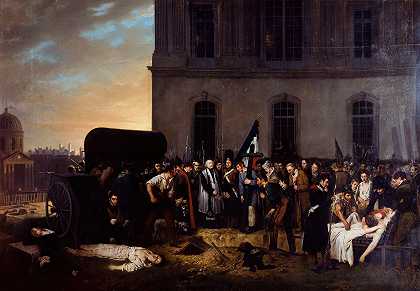 “让·阿尔方斯·罗恩在卢浮宫柱廊前临时埋葬七月的受害者