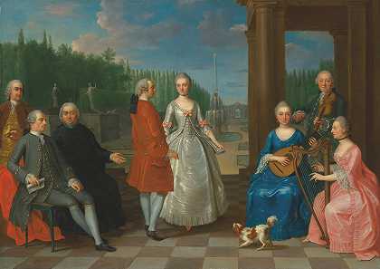 “雅克·让·克里默斯（1736年－1803年后）和他的妻子在花园露台上跳舞的肖像，周围是其他家庭成员，演奏着巴尔塔萨尔·贝谢的音乐