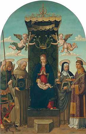 吉安·贾科莫·德·阿拉迪奥（Gian Giacomo d’Alladio）的《圣母与孩子》（The Madonna and Child）与圣徒迈克尔（Saints Michael）、锡耶纳的贝尔纳迪诺（Bernardino of Siena）、克莱尔（Clare）和斯蒂芬（Stephen）一同登基