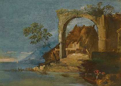 Giuseppe Bernardino Bison的《前景中随想的河流风景与船上的人物》