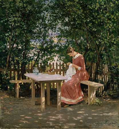 格哈德·芒特的《艺术家的妻子在绿树丛中》