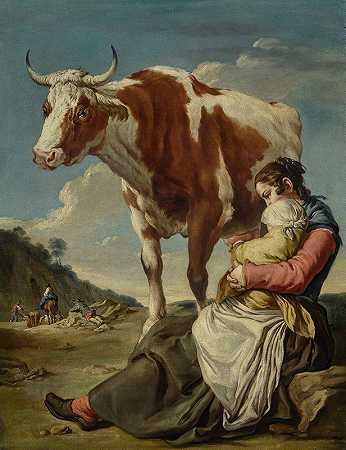 贾科莫·塞鲁蒂的《母亲和她的孩子在风景中挤奶，一群农民和动物在远处》
