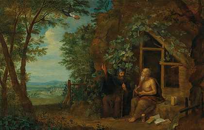 “隐士保卢斯和安东尼乌斯在一幅风景画中，由巴尔塔萨尔·贝谢的一只乌鸦喂养