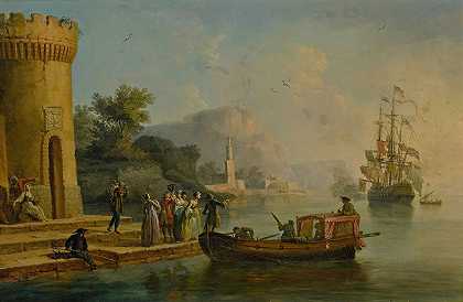 克劳德·约瑟夫·弗内特（Claude Joseph Vernet）拍摄的地中海港口的景色，岸边有一群人影，远处是一艘大船