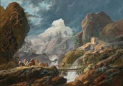 让-巴蒂斯特·皮勒姆的《有两座桥和游客的山地风景》