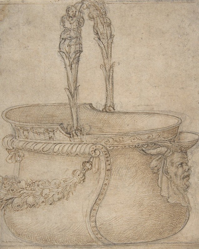 Girolamo Genga的“桶状容器的设计，带有两个交错的俘虏手柄，身体上饰有卷轴、花环和带有萨提尔头像的喷管”