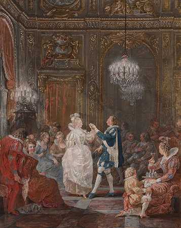 “在路易十六的室内，一个烛台和一把火把点燃了一场派对，一对情侣跳着让·德莫斯泰恩·杜古尔克的小步舞