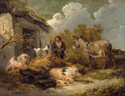 乔治·莫兰德的《一个带着驴、猪和绵羊狗的农场男孩》