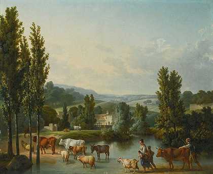 让-巴蒂斯特·休特（Jean-Baptiste Huet）的《牧羊人和他的家人带着牲畜在广阔的风景中涉水》