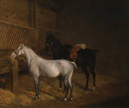 雅克·劳伦特·阿加塞的《马厩里的灰色小马和黑色充电器》