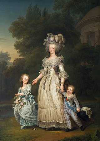 《法国女王玛丽·安托瓦内特和她的两个孩子在特里亚农公园散步》阿道夫·乌尔里克·维尔特米勒著