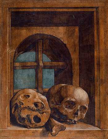 《窗户壁龛里的两个骷髅头》作者：Hans Holbein The Younger