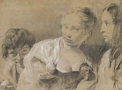 乔瓦尼·巴蒂斯塔·皮亚泽塔（Giovanni Battista Piazzetta）的《抱着鸡蛋的男孩、抱着母鸡的女孩和守望的女人》