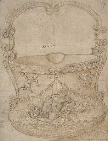 吉罗拉莫·根加（Girolamo Genga）设计的“一个桶状容器，带有非图形交错的把手，其主体上饰有一个河神和两个推杆”