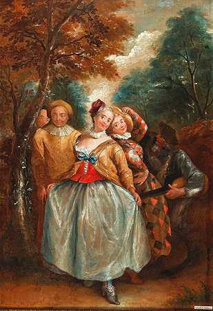 皮埃尔·安托万·奎拉德（Pierre Antoine Quillard）的《科伦比娜、丑角和皮耶罗的商业艺术现场》