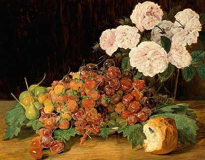 费迪南德·格奥尔格·瓦尔德米勒的《玫瑰、草莓和面包的静物》