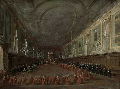 “教皇庇护六世在党卫军大厅登基告别教皇。乔瓦尼·e·保罗，1782年，弗朗西斯科·瓜尔迪著