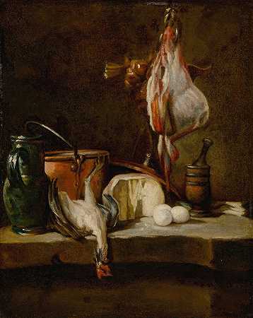 让·巴蒂斯特·西蒙·夏尔丹（Jean Baptiste Siméon Chardin）的《一条鳐鱼、一篮子洋葱、鸡蛋、奶酪、一个绿色水壶和一个铜壶的静物》
