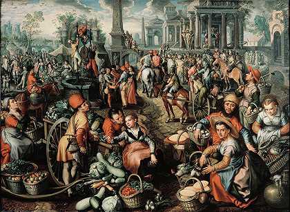 Joachim Beuckelaer的《市场场景、Ecce Homo、旗帜和十字架的携带》