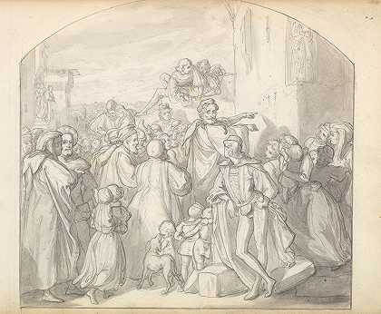 弗雷德里克·雷顿的《一群人在教堂墙上观看的艺术家画像》