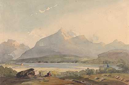 托马斯·萨利（Thomas Sully）的《前景中的湖泊和人物的山地风景》