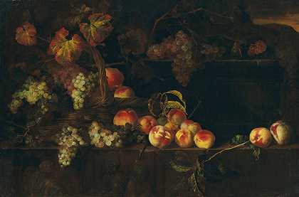 “葡萄和桃子放在柳条篮里，其他水果放在窗台上，这是尼古拉斯·德·拉吉利埃（Nicolas de Largillière）笔下的风景