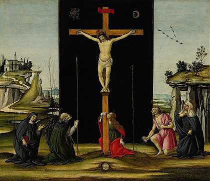 圣莫妮卡、奥古斯丁、玛丽·玛格达伦、杰罗姆和瑞典的布里吉特崇拜的十字架上的基督