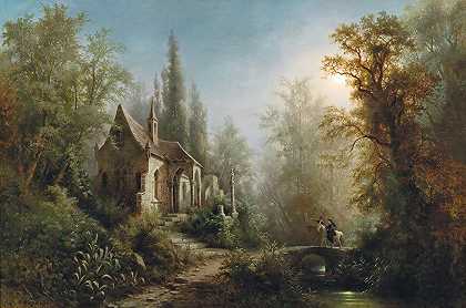 阿尔伯特·里格的《教堂和骑士的月夜》