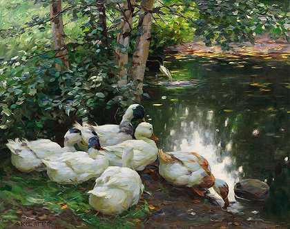亚历山大·科斯特的《池塘岸边的六只鸭子》