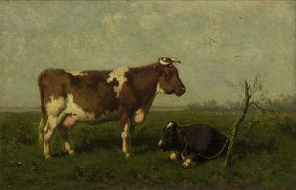《一头母牛和她的小牛在草地上》