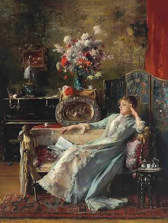 Mihály Munkácsy的《坐在沙发上的年轻女人》