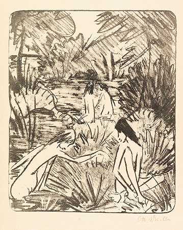 奥托·穆勒（Otto Mueller）的《与三个洗澡和一个坐着的女孩同行2》