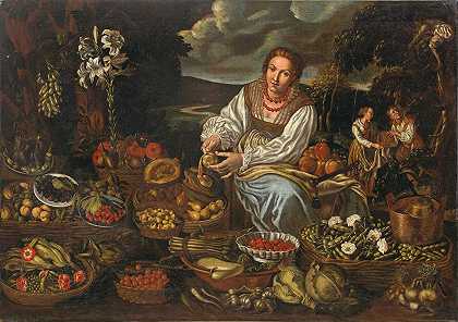 文森佐·坎皮（Vincenzo Campi）的《一个水果和蔬菜卖家，被她的餐具包围》