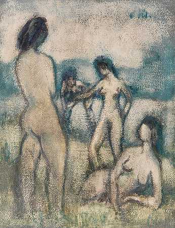 奥托·穆勒（Otto Mueller）的《四个沐浴者》（站立和躺着的女性裸体、沐浴者、草地上的四个真人大小的裸体）