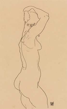 埃贡·席勒的《裸体站立，面向右侧》