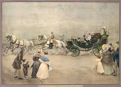 “弗朗西斯·查尔斯大公和苏菲大公殿下，以及他们的孩子弗朗西斯·约瑟夫和卡尔·路德维希，乘坐着门西·克莱门特·克尔奇奇的四匹马马车