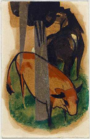弗朗茨·马克的《红马和黄牛（黑棕马和黄马）》