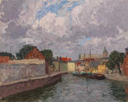 阿尔弗雷德·佐夫的《城镇前有船的运河》