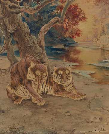 E.贝利·希尔达的《一对老虎在树下休息》
