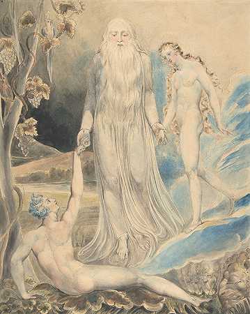 威廉·布莱克的《神圣存在的天使将夏娃带到亚当身边》