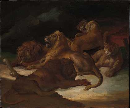 Théodore Géricaut的《山地风景中的狮子》