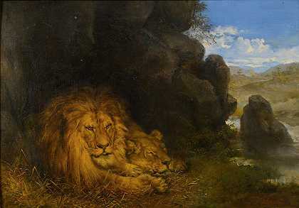 Wilhelm Kuhnert的《洞穴里的两只狮子》